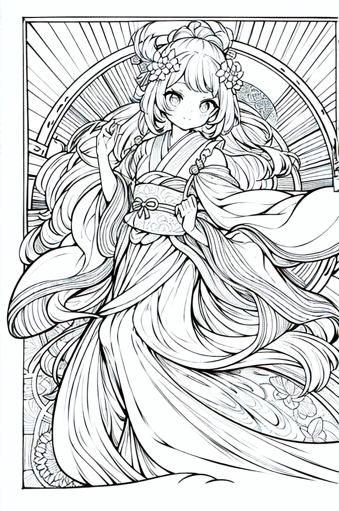 As a coloring book, the color should be black and white, the border should be simple, clear, and bold. A graceful Asian girl with elegant movements is performing a traditional Japanese dance in a grand [Kabuki theater]. She is wearing an exquisite [kimono with crane pattern], the flowing silk fabric accentuating her graceful movements. The girl's face is painted with delicate makeup, and her hair is adorned with an elaborate [hair ornament]. The intricate details of the kimono and the theater setting provide a rich visual tapestry for the coloring book illustration.