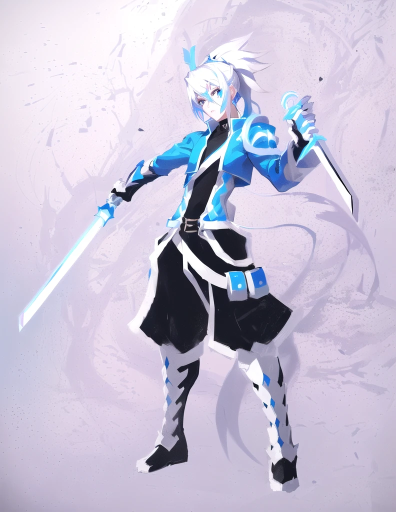 sketches of a drawing of a androgynous young boy with 2 swords, Kilua from hunter x hunter, an anime drawing, detailed fanart, hero 2d fanart artsation, ( ( character concept art ) ), anime drawing, game art!!, with out shading, anime shading), dramatic wielding sword pose, anime shading, white hair, glowing blue eyes, pale skin, black ninja trousers, black vest, short blue jacket, metallic accents, full body, long ponytail