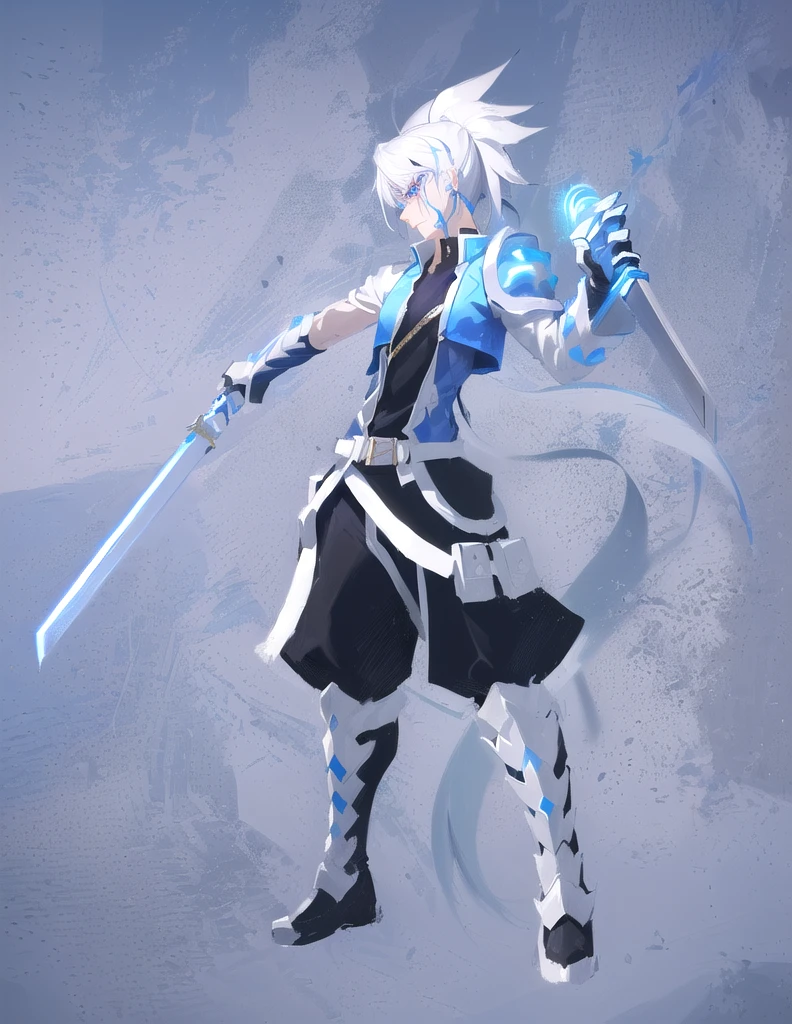 sketches of a drawing of a androgynous young boy with 2 swords, Kilua from hunter x hunter, an anime drawing, detailed fanart, hero 2d fanart artsation, ( ( character concept art ) ), anime drawing, game art!!, with out shading, anime shading), dramatic wielding sword pose, anime shading, white hair, glowing blue eyes, pale skin, black ninja trousers, black vest, short blue jacket, metallic accents, full body, long ponytail