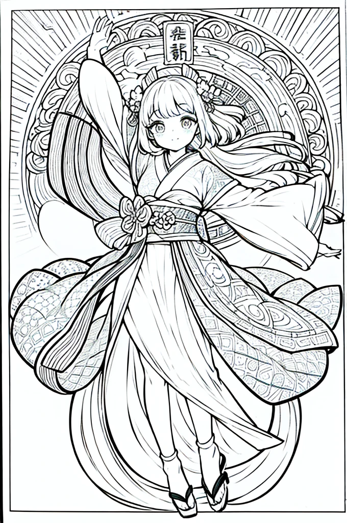 As a coloring book, the color should be black and white, the border should be simple, clear, and bold. A graceful Asian girl with elegant movements is performing a traditional Japanese dance in a grand [Kabuki theater]. She is wearing an exquisite [kimono with crane pattern], the flowing silk fabric accentuating her graceful movements. The girl's face is painted with delicate makeup, and her hair is adorned with an elaborate [hair ornament]. The intricate details of the kimono and the theater setting provide a rich visual tapestry for the coloring book illustration.