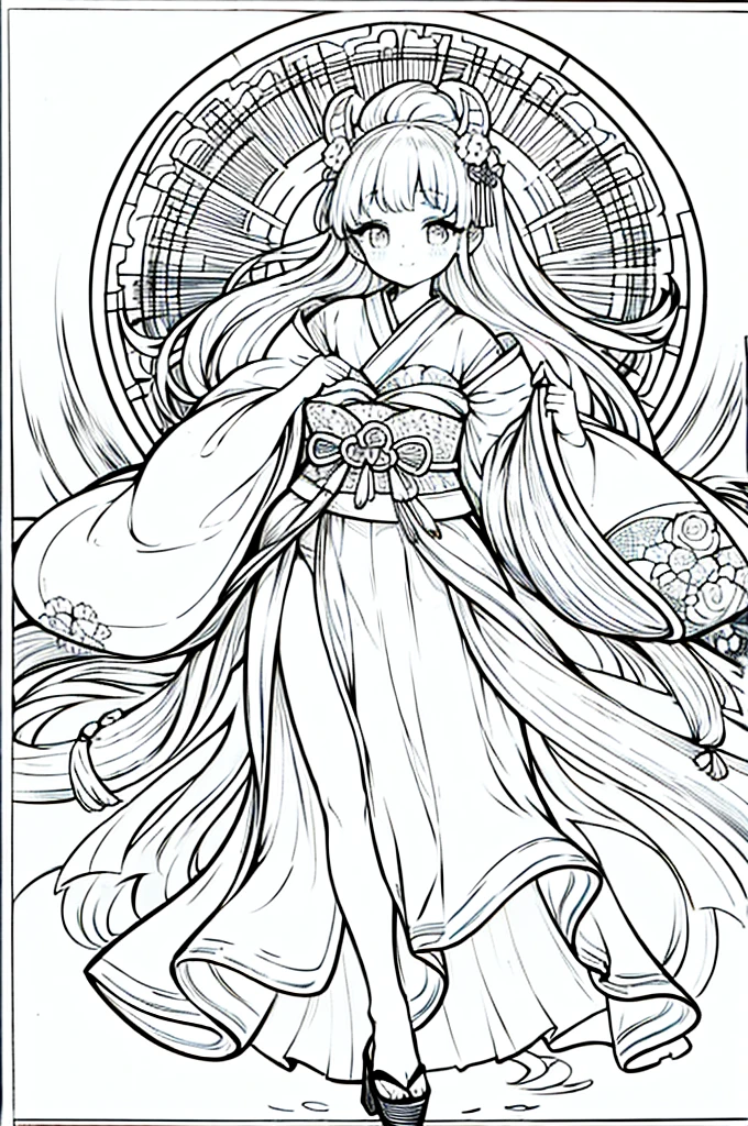 As a coloring book, the color should be black and white, the border should be simple, clear, and bold. A graceful Asian girl with elegant movements is performing a traditional Japanese dance in a grand [Kabuki theater]. She is wearing an exquisite [kimono with crane pattern], the flowing silk fabric accentuating her graceful movements. The girl's face is painted with delicate makeup, and her hair is adorned with an elaborate [hair ornament]. The intricate details of the kimono and the theater setting provide a rich visual tapestry for the coloring book illustration.