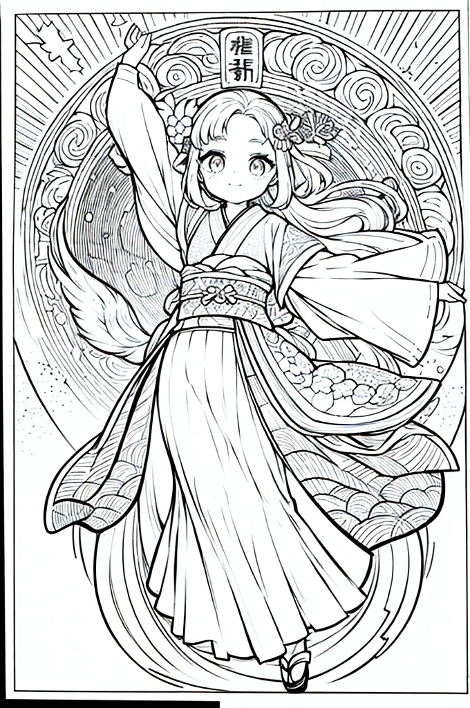 As a coloring book, the color should be black and white, the border should be simple, clear, and bold. A graceful Asian girl with elegant movements is performing a traditional Japanese dance in a grand [Kabuki theater]. She is wearing an exquisite [kimono with crane pattern], the flowing silk fabric accentuating her graceful movements. The girl's face is painted with delicate makeup, and her hair is adorned with an elaborate [hair ornament]. The intricate details of the kimono and the theater setting provide a rich visual tapestry for the coloring book illustration.