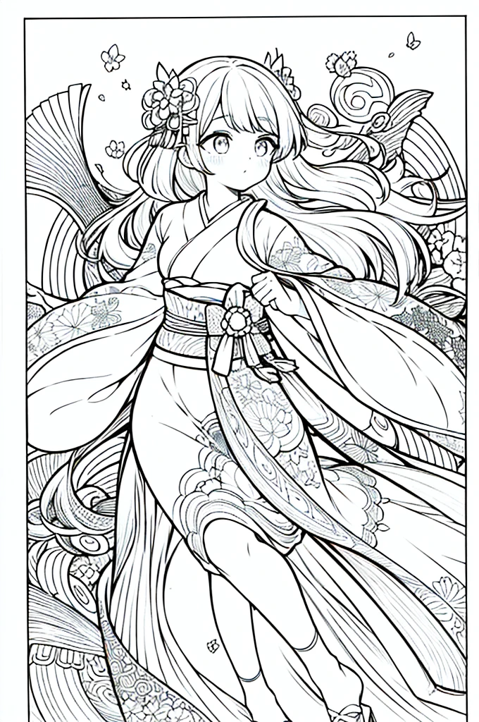 As a coloring book, the color should be black and white, the border should be simple, clear, and bold. A graceful Asian girl with elegant movements is performing a traditional Japanese dance in a grand [Kabuki theater]. She is wearing an exquisite [kimono with crane pattern], the flowing silk fabric accentuating her graceful movements. The girl's face is painted with delicate makeup, and her hair is adorned with an elaborate [hair ornament]. The intricate details of the kimono and the theater setting provide a rich visual tapestry for the coloring book illustration.
