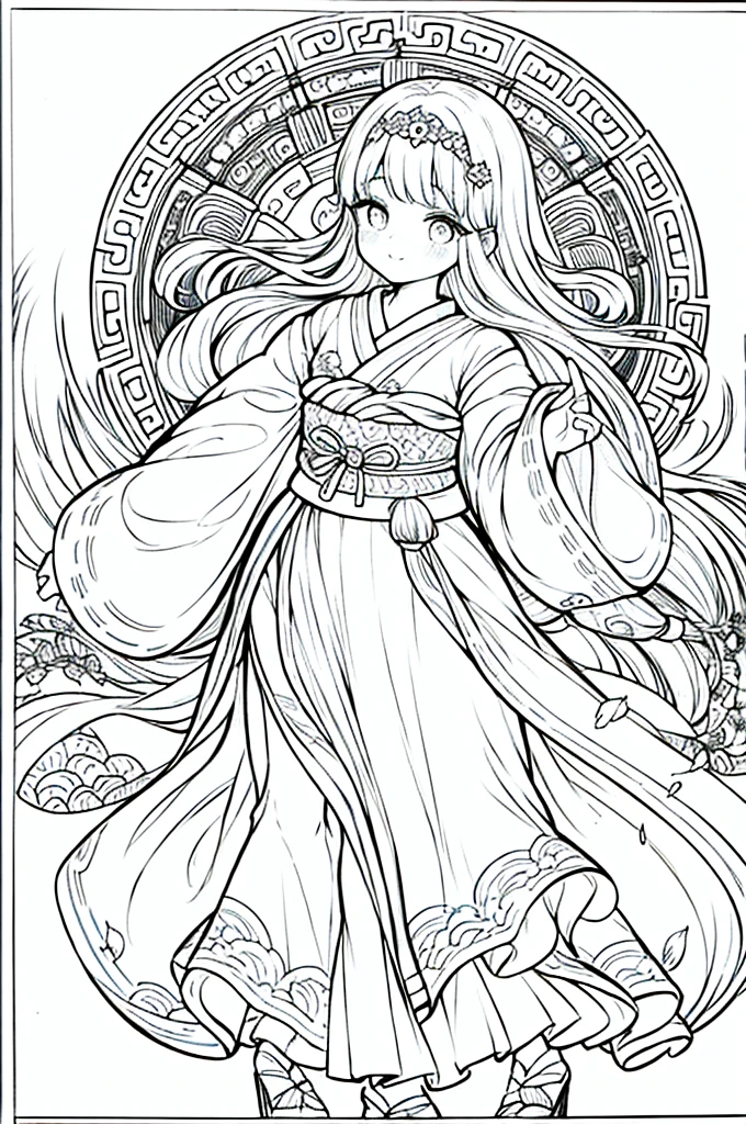 As a coloring book, the color should be black and white, the border should be simple, clear, and bold. A graceful Asian girl with elegant movements is performing a traditional Japanese dance in a grand [Kabuki theater]. She is wearing an exquisite [kimono with crane pattern], the flowing silk fabric accentuating her graceful movements. The girl's face is painted with delicate makeup, and her hair is adorned with an elaborate [hair ornament]. The intricate details of the kimono and the theater setting provide a rich visual tapestry for the coloring book illustration.