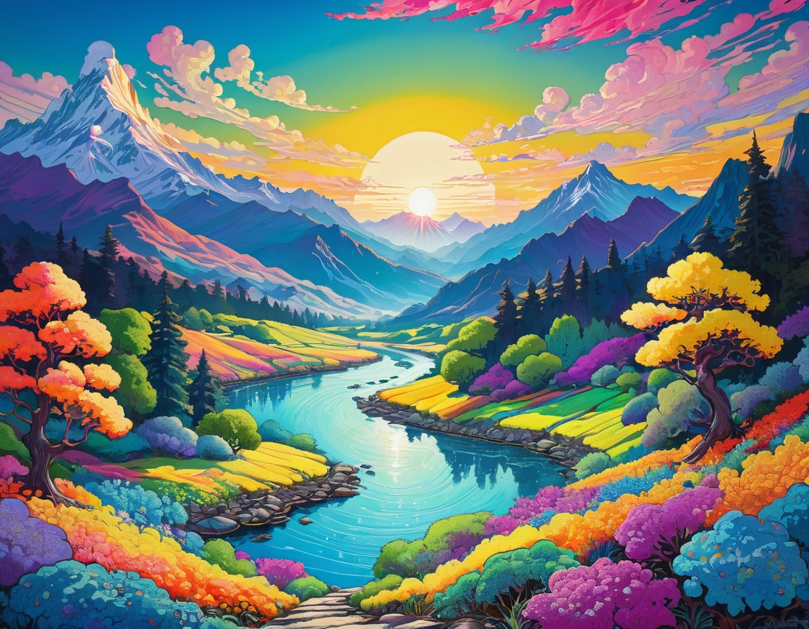 A painting depicting a river，Trees and mountains in the background, Psychedelic景观, 日落Psychedelic, Psychedelic插画, Detailed Dreams, Psychedelic美学, Colorful landscape paintings, Mythical Flower Mountain, Psychedelic, Psychedelic艺术风格, Gustav Baumann (Gustave Baumann) of inspiration, kilian eng bright colors,  Vibrant gouache landscape, Dream painting, sunset illustration