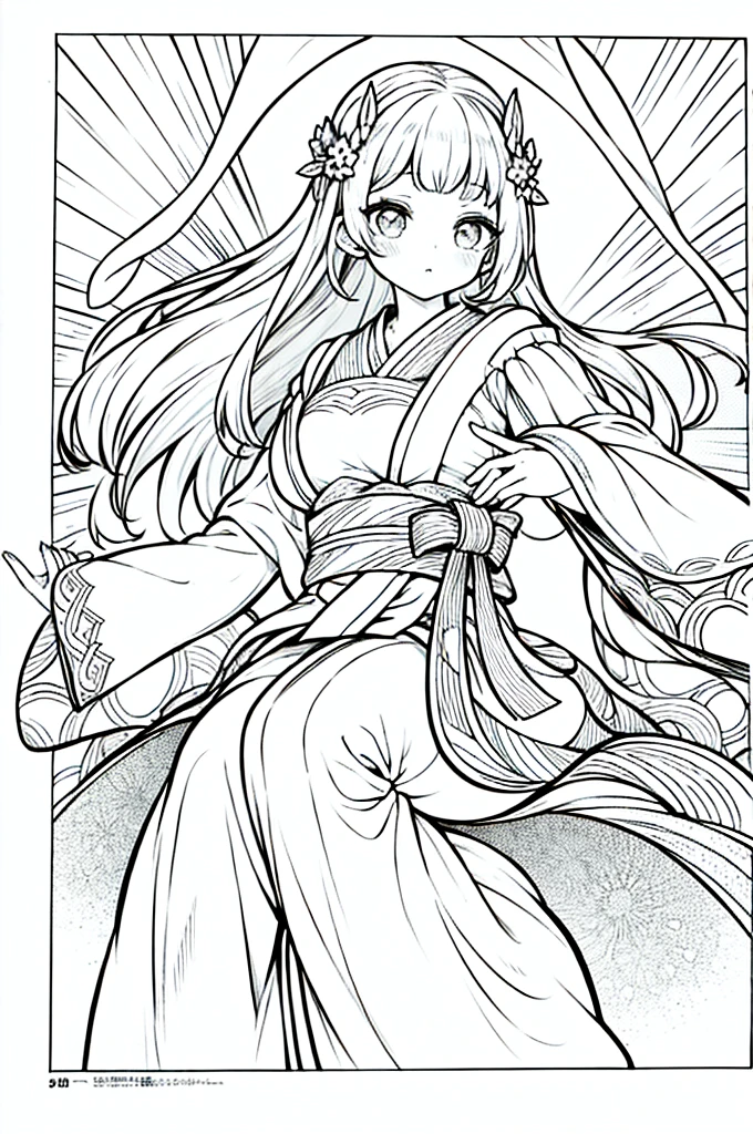 As a coloring book, the color should be black and white, the border should be simple, clear, and bold. A graceful Asian girl with elegant movements is performing a traditional Japanese dance in a grand [Kabuki theater]. She is wearing an exquisite [kimono with crane pattern], the flowing silk fabric accentuating her graceful movements. The girl's face is painted with delicate makeup, and her hair is adorned with an elaborate [hair ornament]. The intricate details of the kimono and the theater setting provide a rich visual tapestry for the coloring book illustration.