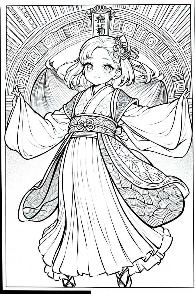 As a coloring book, the color should be black and white, the border should be simple, clear, and bold. A graceful Asian girl with elegant movements is performing a traditional Japanese dance in a grand [Kabuki theater]. She is wearing an exquisite [kimono with crane pattern], the flowing silk fabric accentuating her graceful movements. The girl's face is painted with delicate makeup, and her hair is adorned with an elaborate [hair ornament]. The intricate details of the kimono and the theater setting provide a rich visual tapestry for the coloring book illustration.