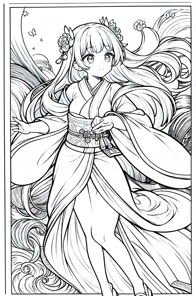 As a coloring book, the color should be black and white, the border should be simple, clear, and bold. A graceful Asian girl with elegant movements is performing a traditional Japanese dance in a grand [Kabuki theater]. She is wearing an exquisite [kimono with crane pattern], the flowing silk fabric accentuating her graceful movements. The girl's face is painted with delicate makeup, and her hair is adorned with an elaborate [hair ornament]. The intricate details of the kimono and the theater setting provide a rich visual tapestry for the coloring book illustration.