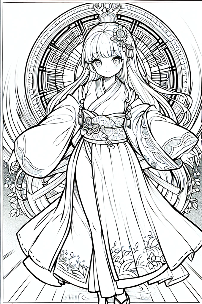 As a coloring book, the color should be black and white, the border should be simple, clear, and bold. A graceful Asian girl with elegant movements is performing a traditional Japanese dance in a grand [Kabuki theater]. She is wearing an exquisite [kimono with crane pattern], the flowing silk fabric accentuating her graceful movements. The girl's face is painted with delicate makeup, and her hair is adorned with an elaborate [hair ornament]. The intricate details of the kimono and the theater setting provide a rich visual tapestry for the coloring book illustration.