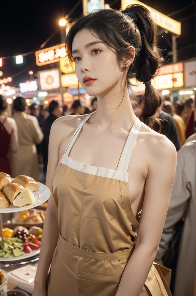 (((best quality))),(((ultra detailed))),(((masterpiece))),illustration,(1 beautiful girl,solo),(short ponytail:1.2),(sheer apron:1.2),((bare shoulder,bare arms)),((slim,thin)),((small breasts,flat chest)),shopping, market, meat, bustling,early morning,bright eyes, flushed face, lively appearance, energetic, vendors, calls, wares, plastic sheets, spices, haggling, examining, cuts, beef, stall, butcher paper, scale, kaleidoscope, colors, sounds, fruits, vegetables, animated, talking, joking, background, food stall, breakfast rolls, vendor, steaming, fresh bread, butter, early hour, energy, chatting, vibrant, chaotic, community,((night scene,outdoor)),(surrounded by crowded crowds:1.3),((from front,upper body))