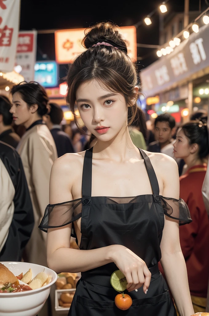 (((best quality))),(((ultra detailed))),(((masterpiece))),illustration,(1 beautiful girl,solo),(short ponytail:1.2),(sheer apron:1.2),((bare shoulder,bare arms)),((slim,thin)),((small ,flat chest)),shopping, market, meat, bustling,early morning,bright eyes, flushed face, lively appearance, energetic, vendors, calls, wares, plastic sheets, spices,gling, examining, cuts, beef, stall, butcher paper, scale, kaleidoscope, colors, sounds, fruits, vegetables, animated, talking, joking, background, food stall, breakfast rolls, vendor, steaming, fresh bread, butter, earour, energy, chatting, vibrant, chaotic, community,((night scene,outdoor)),(surrounded by crowded crowds:1.3),((from front,upper body))