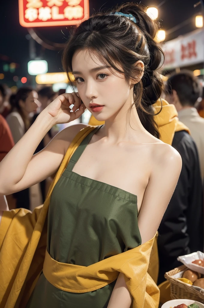 (((best quality))),(((ultra detailed))),(((masterpiece))),illustration,(1 beautiful girl,solo),(short ponytail:1.2),(sheer apron:1.2),((bare shoulder,bare arms)),((slim,thin)),((small breasts,flat chest)),shopping, market, meat, bustling,early morning,bright eyes, flushed face, lively appearance, energetic, vendors, calls, wares, plastic sheets, spices, haggling, examining, cuts, beef, stall, butcher paper, scale, kaleidoscope, colors, sounds, fruits, vegetables, animated, talking, joking, background, food stall, breakfast rolls, vendor, steaming, fresh bread, butter, early hour, energy, chatting, vibrant, chaotic, community,((night scene,outdoor)),(surrounded by crowded crowds:1.3),((from front,upper body))