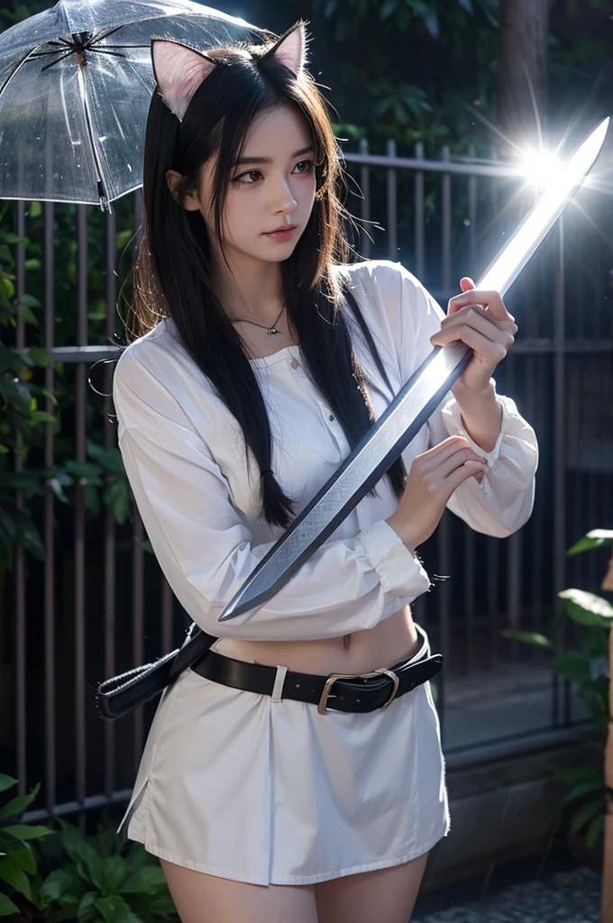 A cat girl is holding a thin sword shining with cold light in the rain