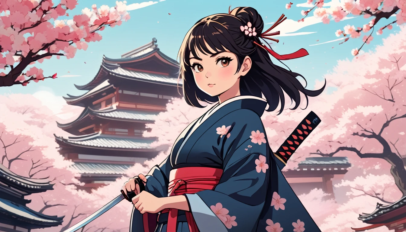 Female samurai,knife,Background is cherry blossoms and a Japanese temple、 Wide-angle lens, Lofi Anime, Lofi illustration, Aesthetic atmosphere, Lo-Fi Style, Vector art, Flat Design, Simple shape, Warm tones, Pleasant atmosphere, Chill, In anime style, Digital drawing, Vector art, Vector logo for t-shirt printing, (Adorable:1.5), (small:1.4), (Playful:1.2), (soft:1.3), (Whimsical:1.1), masterpiece, Highest quality, 8K, Intricate details, grow, Celestial, Mysterious, Picturesque, amazing, Majestic, Magic, Fantasy art, Cover art, dream-like