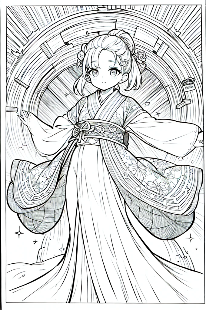 As a coloring book, the color should be black and white, the border should be simple, clear, and bold. A graceful Asian girl with elegant movements is performing a traditional Japanese dance in a grand [Kabuki theater]. She is wearing an exquisite [kimono with crane pattern], the flowing silk fabric accentuating her graceful movements. The girl's face is painted with delicate makeup, and her hair is adorned with an elaborate [hair ornament]. The intricate details of the kimono and the theater setting provide a rich visual tapestry for the coloring book illustration.