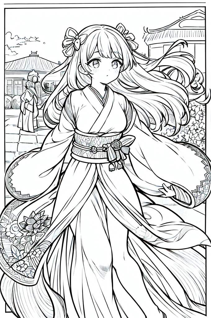 As a coloring book, the color should be black and white, the border should be simple, clear, and bold. A graceful Asian girl with elegant movements is performing a traditional Japanese dance in a grand [Kabuki theater]. She is wearing an exquisite [kimono with crane pattern], the flowing silk fabric accentuating her graceful movements. The girl's face is painted with delicate makeup, and her hair is adorned with an elaborate [hair ornament]. The intricate details of the kimono and the theater setting provide a rich visual tapestry for the coloring book illustration.