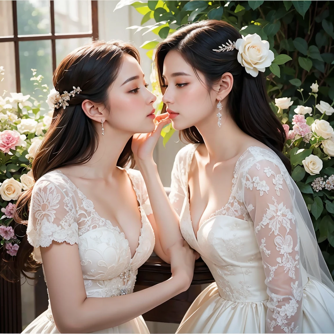 (masterpiece, highest quality, official art, beauty and aesthetic), perfect anatomy, two stunning bride is deeply in love with each other, kiss, flower, romantic atmosphere