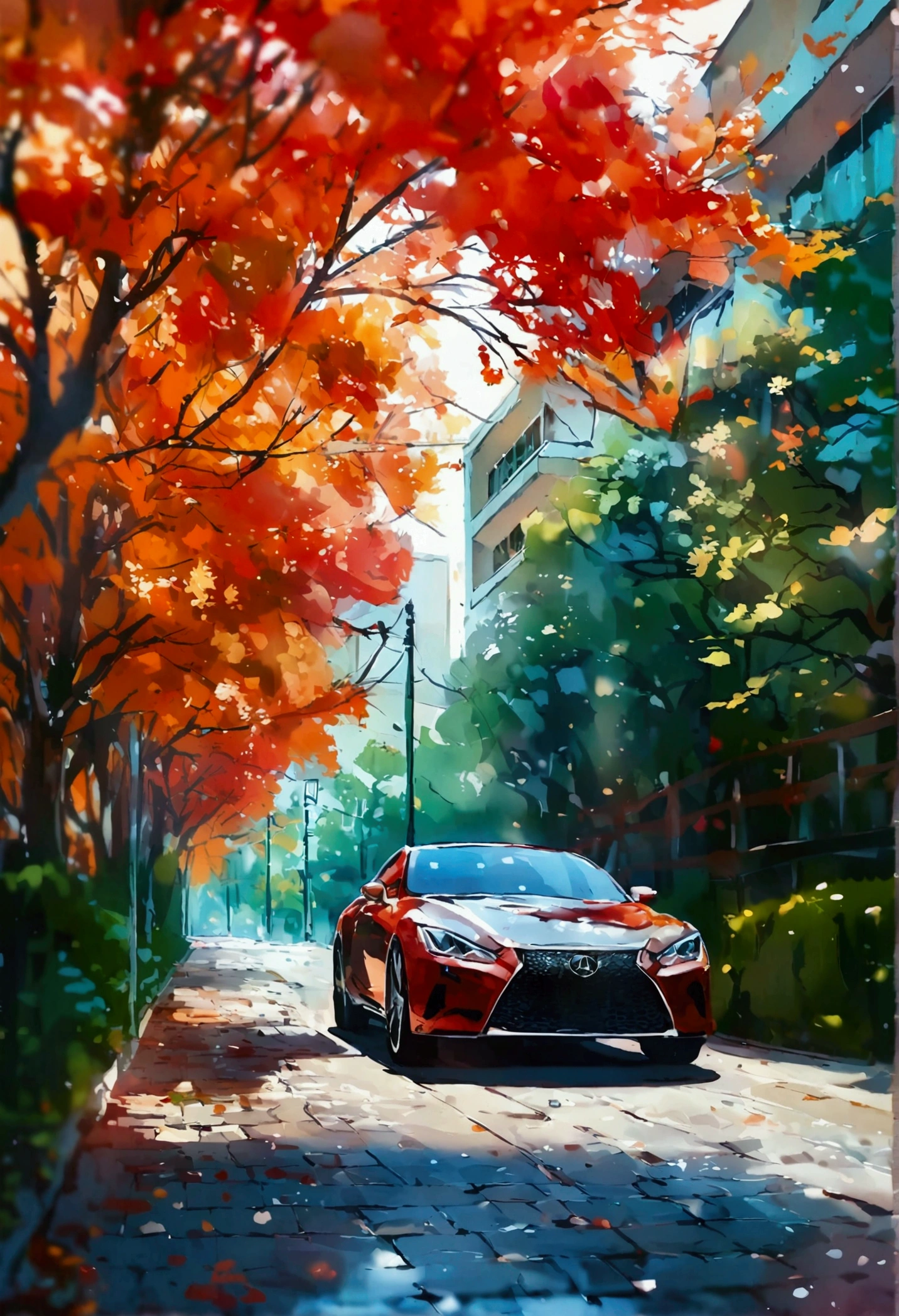 Luxury car,school entrance,Rich colors,Illustration style