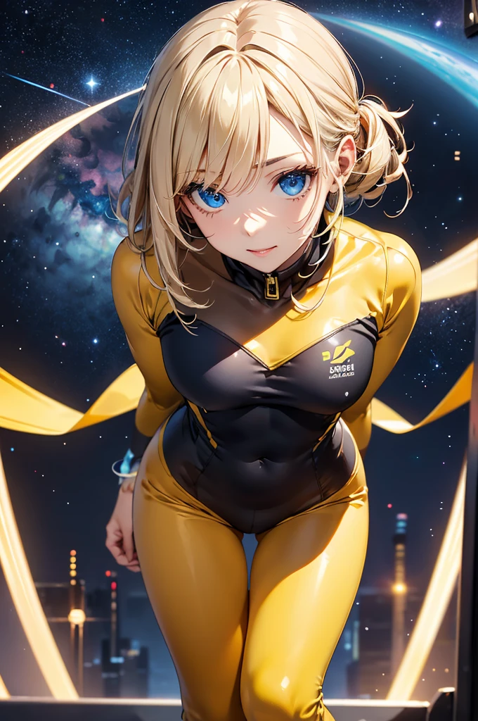 A slender girl in a tight yellow plug suit, Leaning forward, staring at me, A proud expression, blue eyes, Expressing the contours of the body, The background is blurred with stars in space, Highlight the face