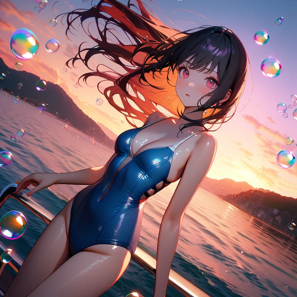 (Girls in swimsuits:1.5), ,(Lots of beautiful bubbles:1.4), break ,background\(Golden Hour,Very beautiful sea\), break ,quality\(8K,非常に精細なCGユニットのwallpaper, masterpiece,High resolution,top-quality,top-quality real texture skin,Surreal,Increase the resolution,RAW Photos,最高quality,Very detailed,wallpaper,Cinema Lighting,Ray-tracing,Golden Ratio\),Dynamic Angle,Bubbles close-up