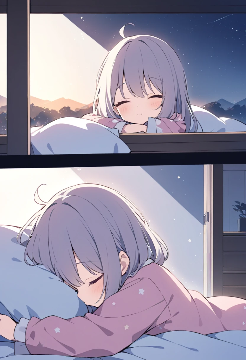 high school student、女子high school student、Inside the room、pajamas、Pajamas、before sleep、Sleeping in bed、Cute face、dark、Landscape、Landscapeで寝る、Landscapeの顔、profile、Lie down on the bed