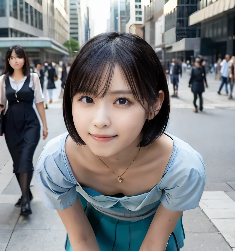 Best image quality、Highest quality、masterpiece、Ultra-high resolution、、immature、Realistic:1.4、Professional Lighting、Cute school girl、Baby Face、Very short hair、thin、Moderate size chest cup bust、Large erect nipples、smile、(She is wearing a light blue mini dress、Her cleavage is visible:1.4)standing on the street in front of the station、Many passers-by in the background、Crowded、Tabletop