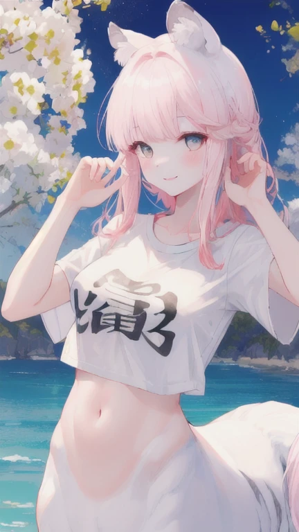 (best quality, masterpiece), 1 girl, centaur, It takes, White skin, Korean , ((23 years old)),black pink,Smiling, exposing the abdomen, belly button t-shirt , 아름다운 소녀 perfect white tiger photo, perfect white tiger photo