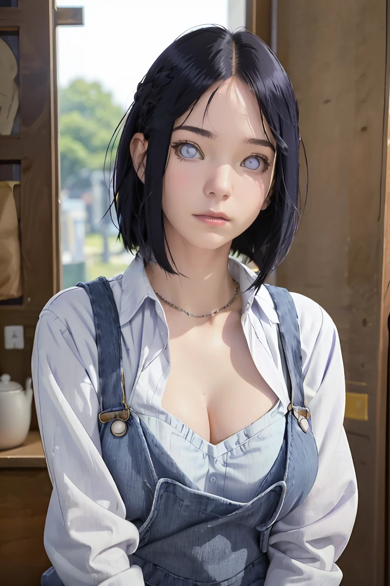 tmasterpiece, best qualityer, ultra - detailed, illustration,1girll,
long whitr hair,dark-blue hair,french braid,Purple eye,bluntbangs,cleavage,Large breasts
shirt,(jeans overalls:1.1),
mideum breasts,
looking at viewert,hyouka/(Boruto/),Detailed lips