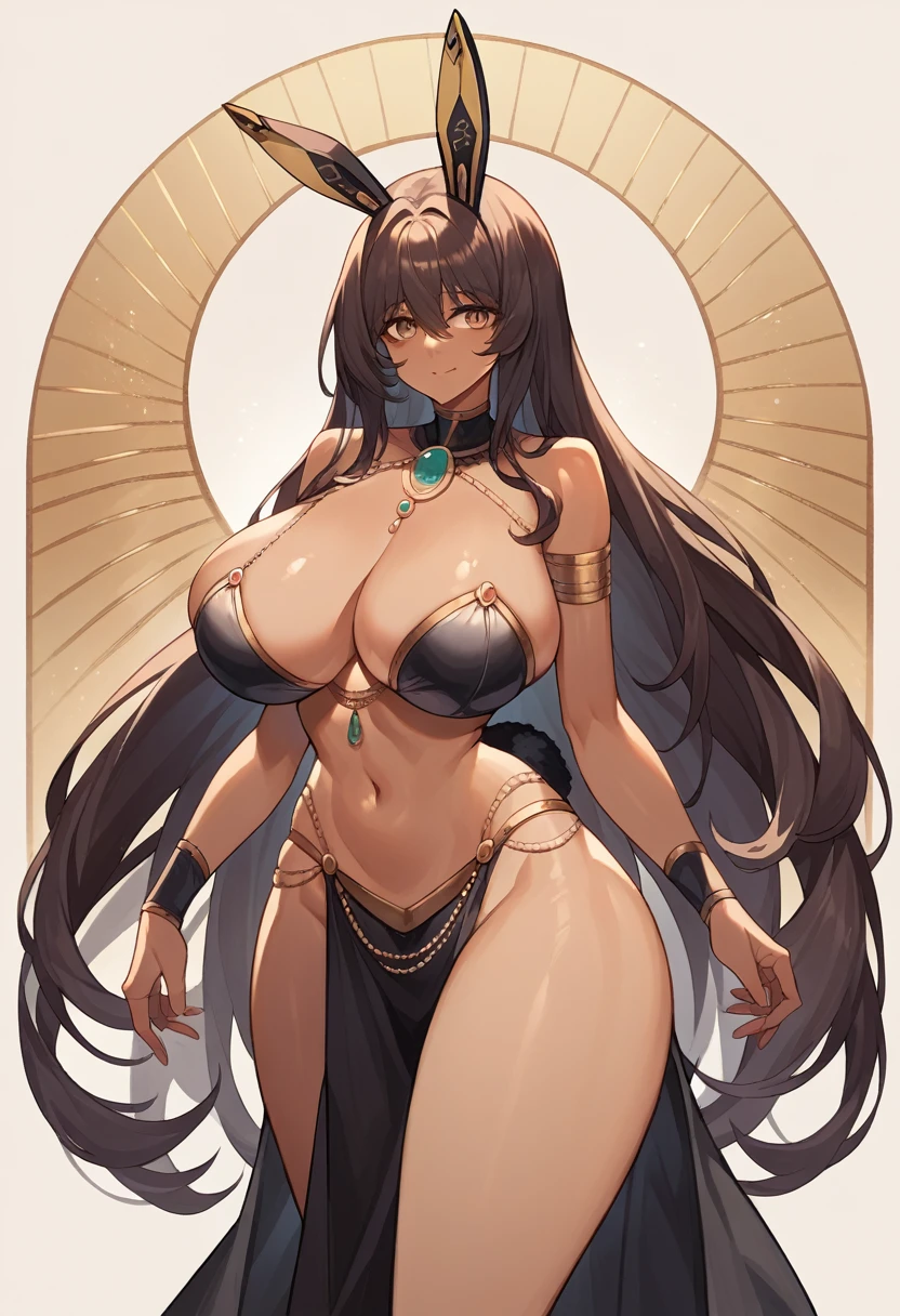 luxury background, source_anime, (1girl, solo, solo focus), noir, huge breasts, wide hips, narrow waist, thick thighs, very long hair, tan, light smile, rabbit ears, dancer outfit, detailed background, (oasis background)