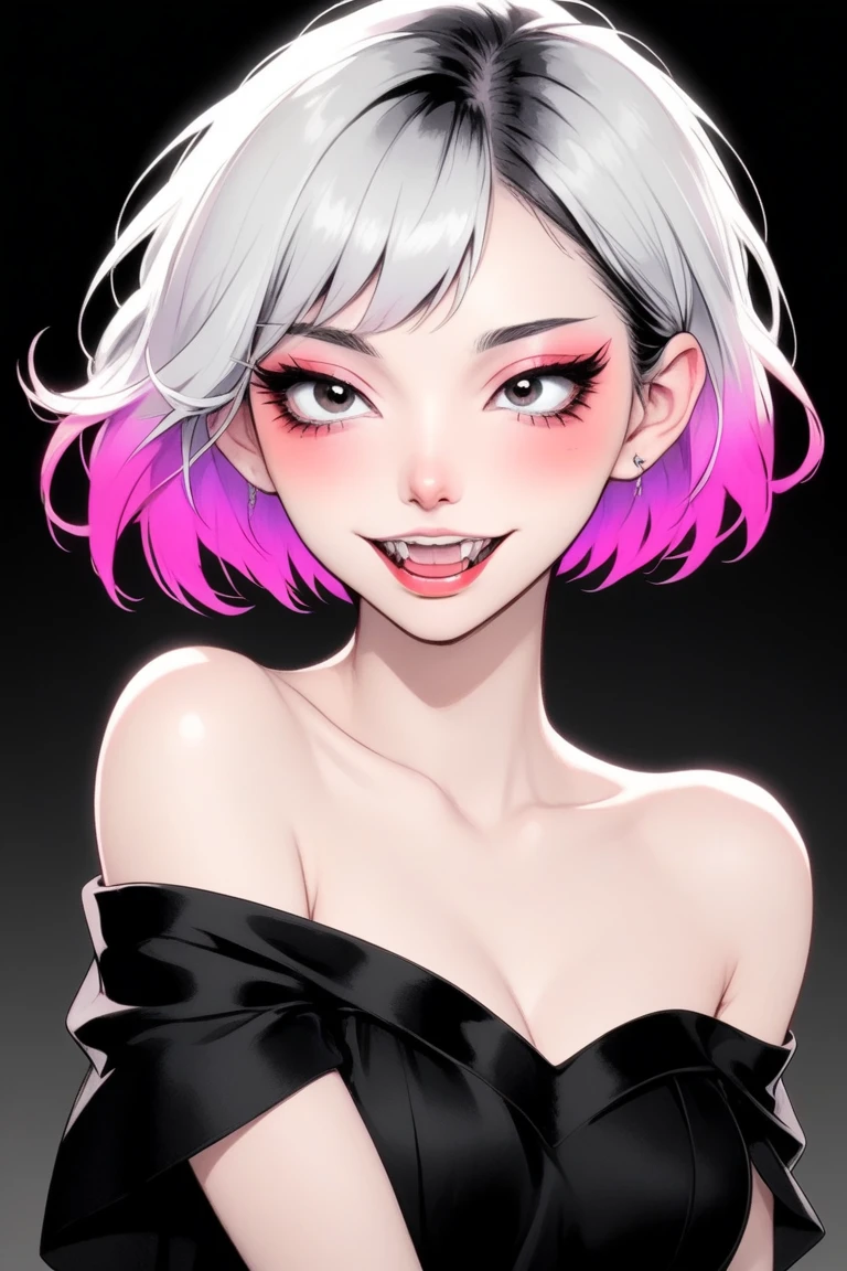 (best quality, sketch:1.2),Practical,ilustrador,shrew,Japanese cartoons,1 girl, Delicate lips, ,Fangs,hand,hairy,Off-shoulder, Black and white gradient background,Neon hair,Texture cropping, masterpiece, The style is vintage, Deep Black