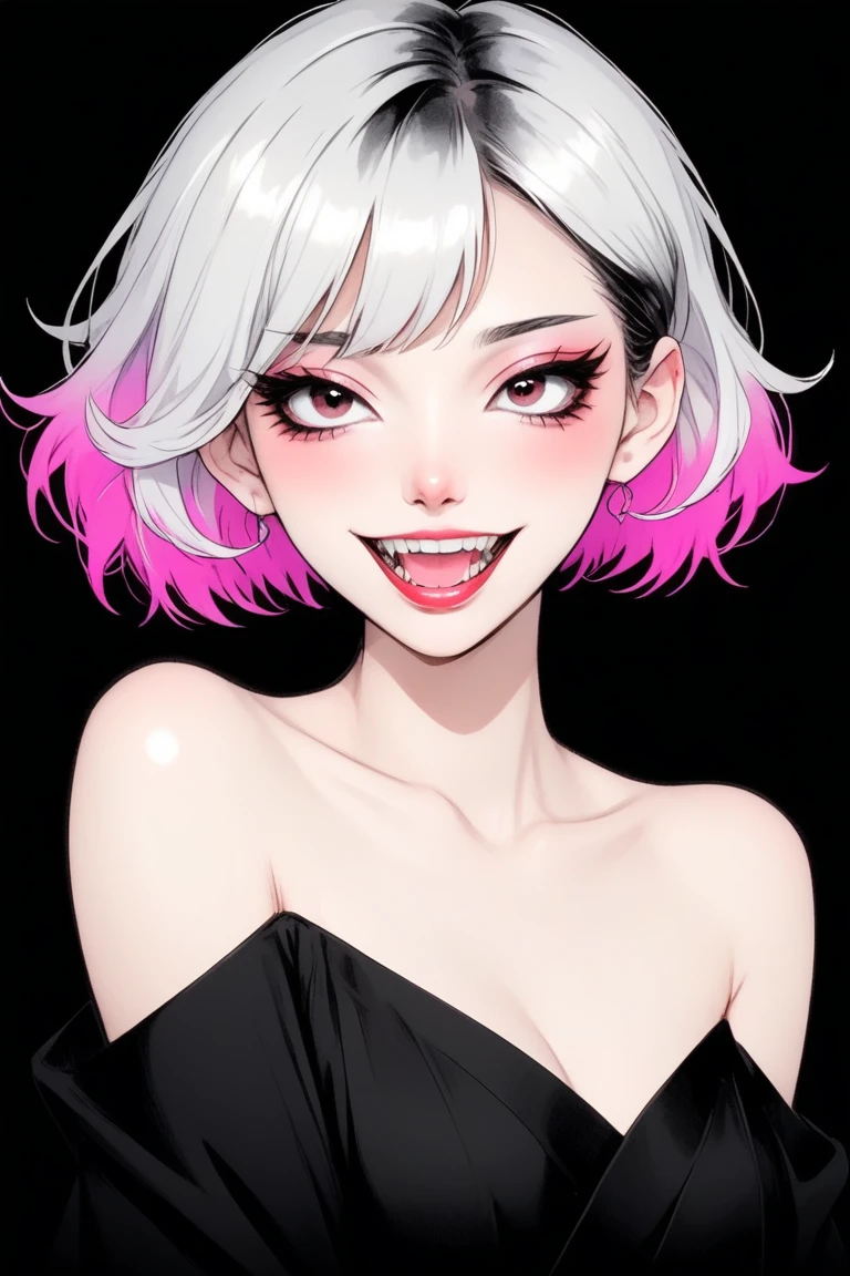 (best quality, sketch:1.2),Practical,ilustrador,shrew，Japanese cartoons,1 girl, Delicate lips, ，Fangs，hand，hairy，Off-shoulder， Black and white gradient background,Neon hair,Texture cropping, masterpiece, The style is vintage, Deep Black 