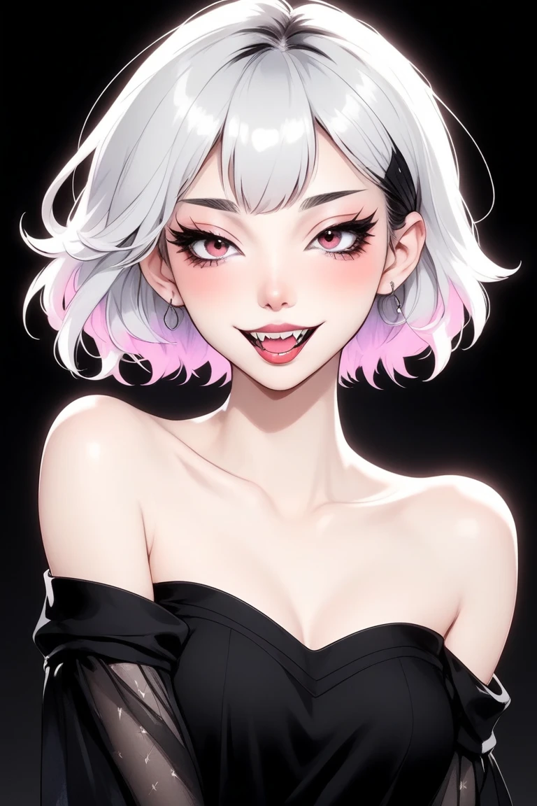 (best quality, sketch:1.2),Practical,ilustrador,shrew,Japanese cartoons,1 girl, Delicate lips, ,Fangs,hand,hairy,Off-shoulder, Black and white gradient background,Neon hair,Texture cropping, masterpiece, The style is vintage, Deep Black