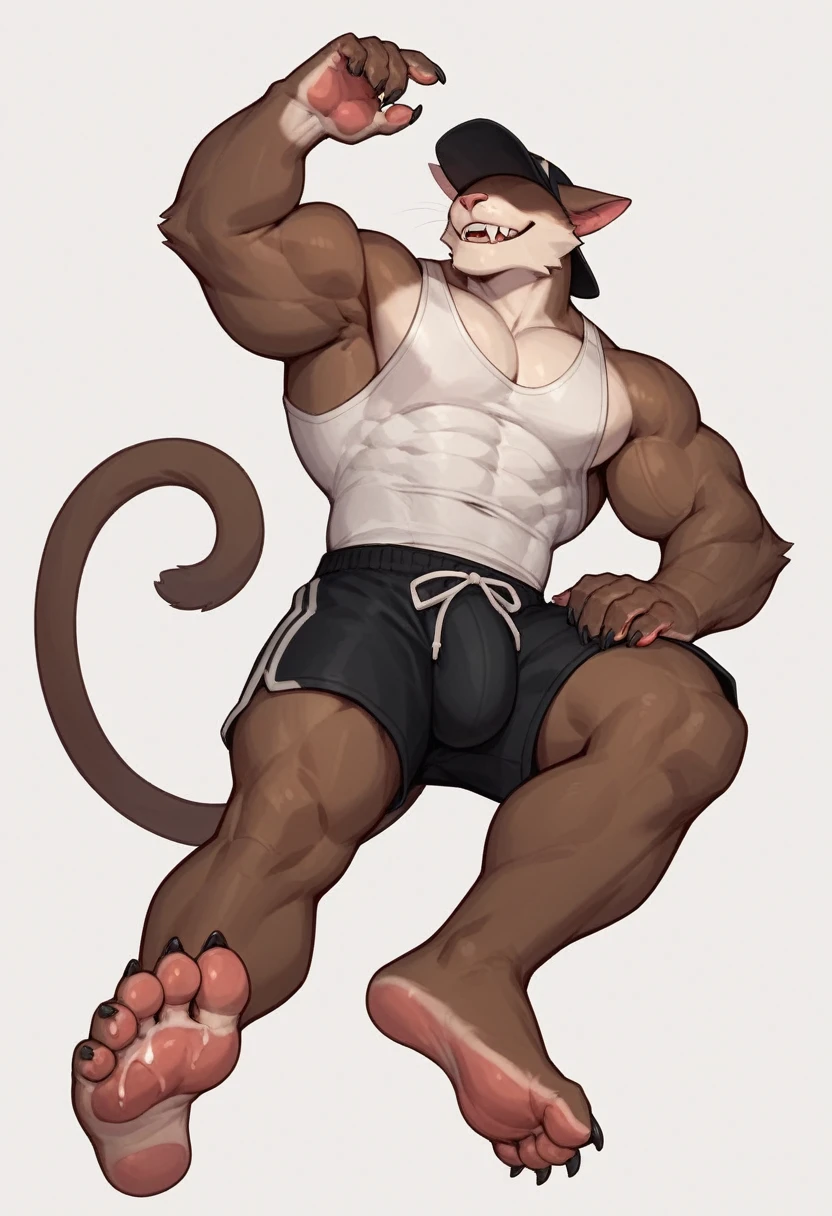 Cat, full body , good looking, male, anthro, shorts, ultradetailed, muscular ,Barefoot, plantigrade feet , massive feet , clawed feet ,vains, hard cock, cock erecting an insane amount off cum,cum on his paws, solo, bareness, rippling muscles, muscles, simple background, white background, tail, cap, obscured eyes, smile, sleeveless shirt, two-tone fur, sharp teeth,
