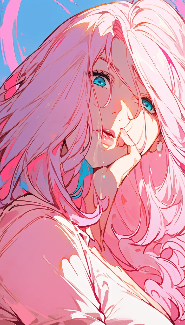 (high quality, 8k, 4K, high contrast, artwork:1.2, high quality, best aesthetics), (centered), ((1 woman)), mature body, adult body, adult woman, fleshy woman, super detailed, beautiful face detailed, beautiful eyes detailed, detailed beautiful mouth, (light pink hair, long light pink hair, wavy light pink hair), (blue eyes), (sexy white medieval armor with pink details), (short ruffled skirt), (shoulder pads), (cleavage on breasts), (long white cape), (pink angel halo), (calm expression), (standing), (looking at the viewer), (above the clouds), (clear blue sky), (front view)