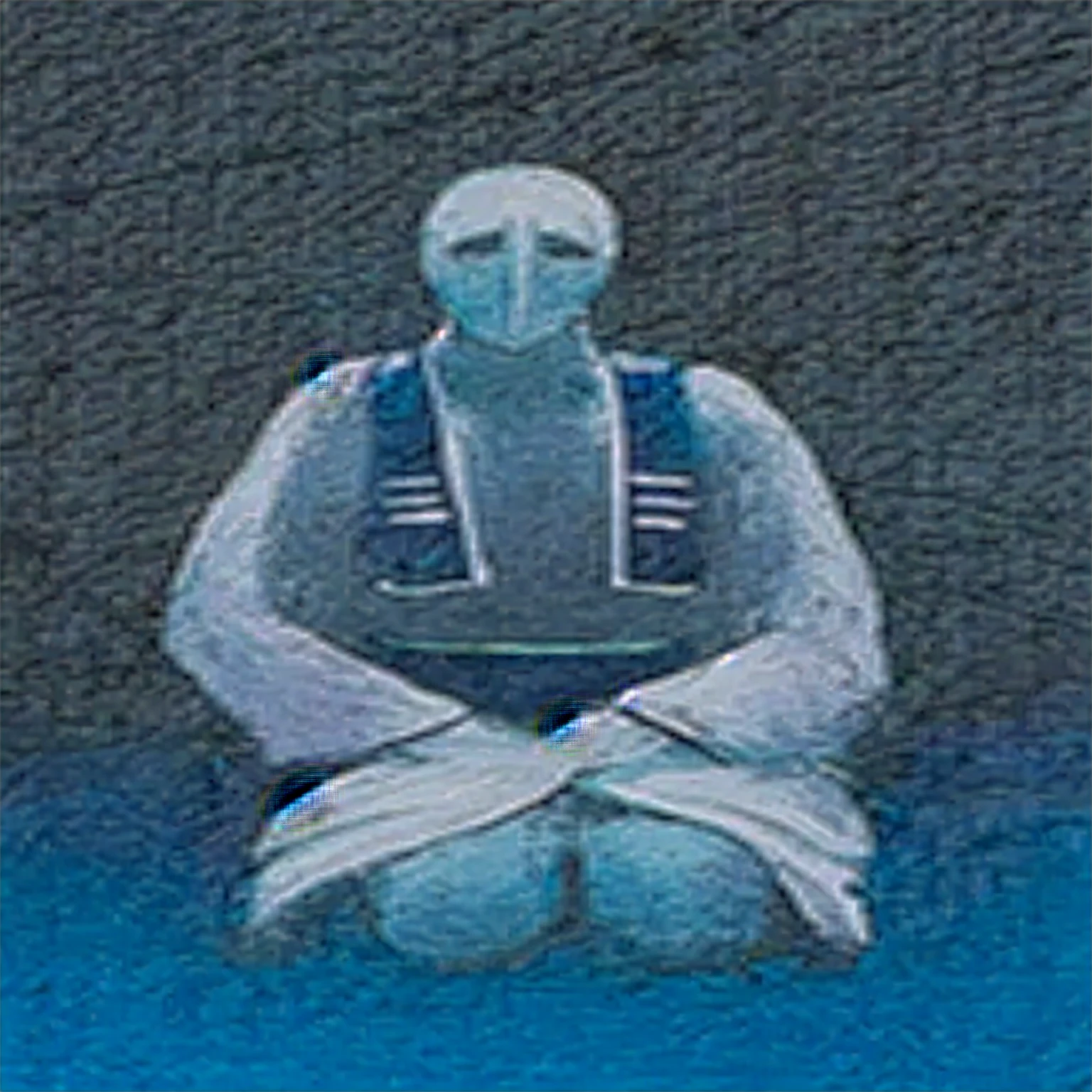 A picture of a person, sitting in a meditation pose on a blue surface, Adim Kashin, inspired by Enki Bilal, figure with a mask without a mouth with a sad expression in the eyes , inspired by Gyoshu Hayami, Painting of white human figures, detailed picture of the film dunes, without faces, Ditigal painting, figure with hood, Vdragan Bibin, Shikanosuke Yagaki