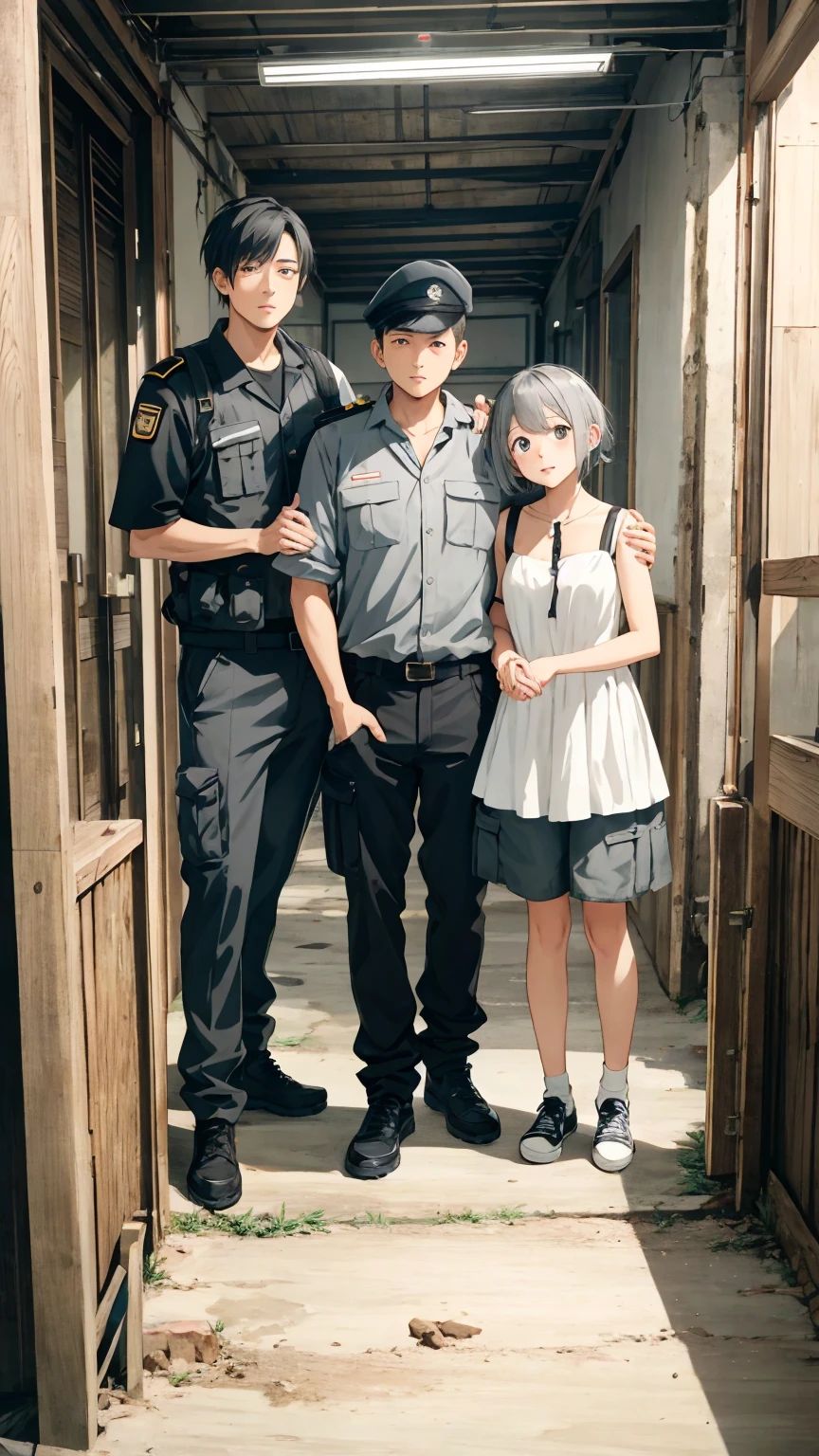 2others, 1girl, 1man, (1girl, _young, girl with short gray hair, gray eyes, wearing dirty grey torn dress), (1man, military vest and cargo pants), holding hands, (size difference:1.5), tumblr, sosaku hanga, doujin, ddlc, zerochan, top quality, best quality, highres, unparalleled masterpiece, perfect artwork, paid reward available, indoor