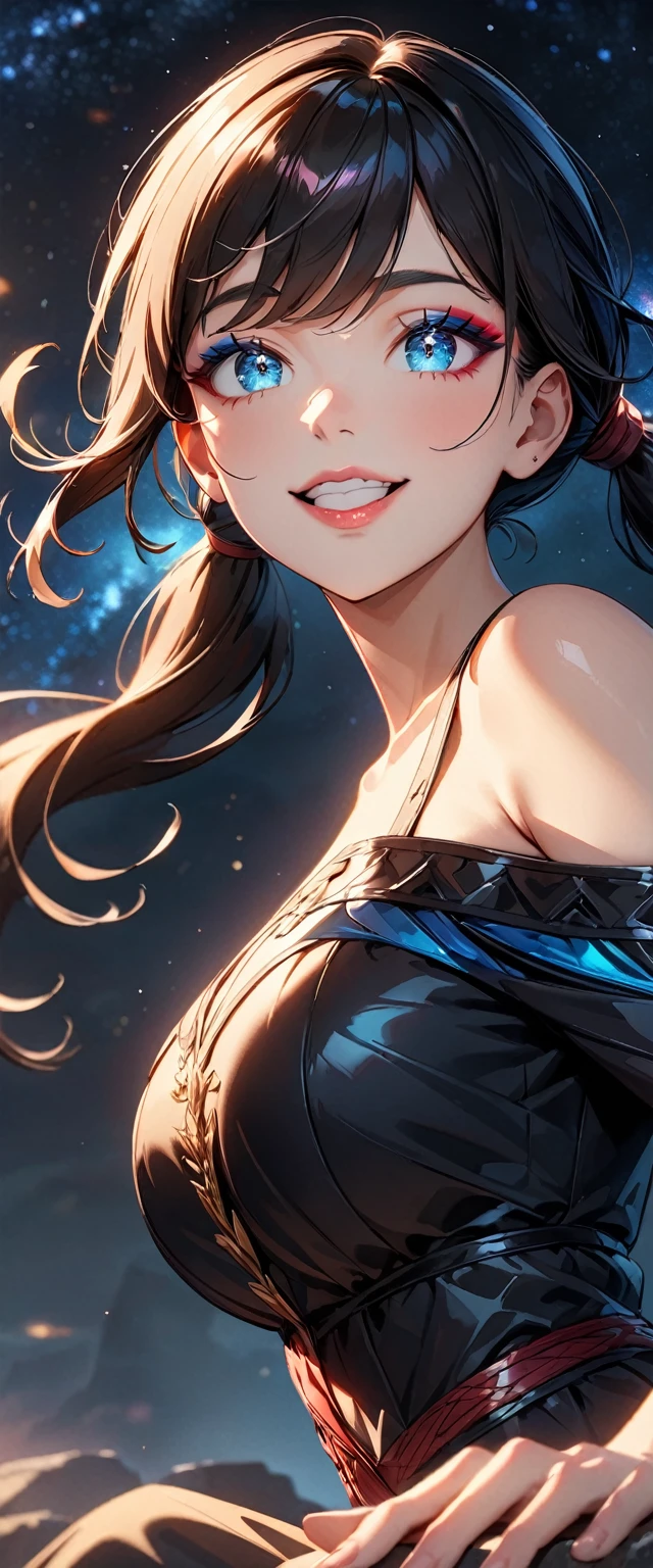 Photo of a woman with natural skin, Upper Body, Dynamic pose, laughing, High Twintails, Black hair with red mesh, Sharp eyes with blue eyeshadow, Shining eyes, A thin, upturned nose, Well-shaped lips, ((Black off-the-shoulder dress)), Big Breasts, barefoot, Makeup, Exquisitely crafted with the utmost attention to detail, Vibrant, amazing, Smooth, Cinematic, 4K, Backlight, ((Atop a cliff with a beautiful starry sky, Cliff)), Shallow depth of field, ((Detailed eyes:1.3, Detailed lips:1.3, high quality, )), masterpiece, Super detailed images, High quality