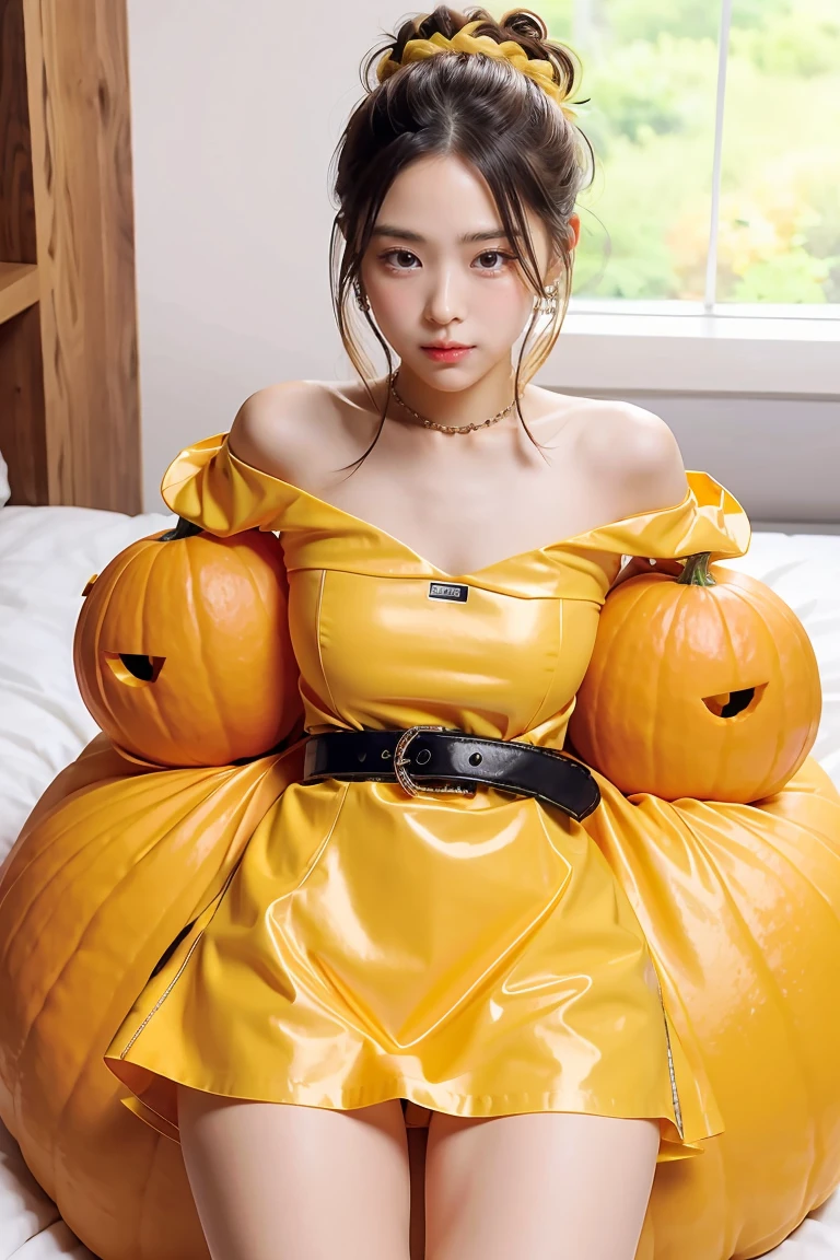 Slime girl, (slime), Slime hair Double buns hair style, Pumpkin Orange, White Princess dress with weapon belt, Masterpiece, Best Quality