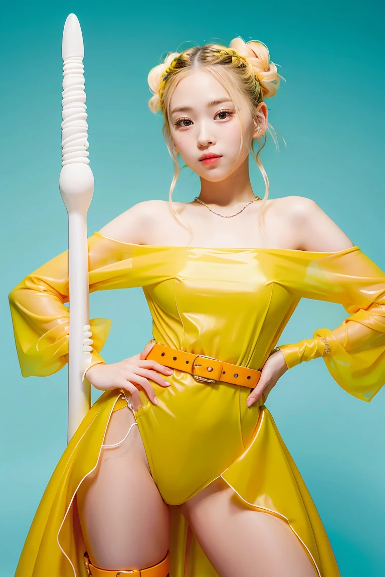 Slime girl, (slime), Slime hair Double buns hair style, Pumpkin Orange, White Princess dress with weapon belt, Masterpiece, Best Quality