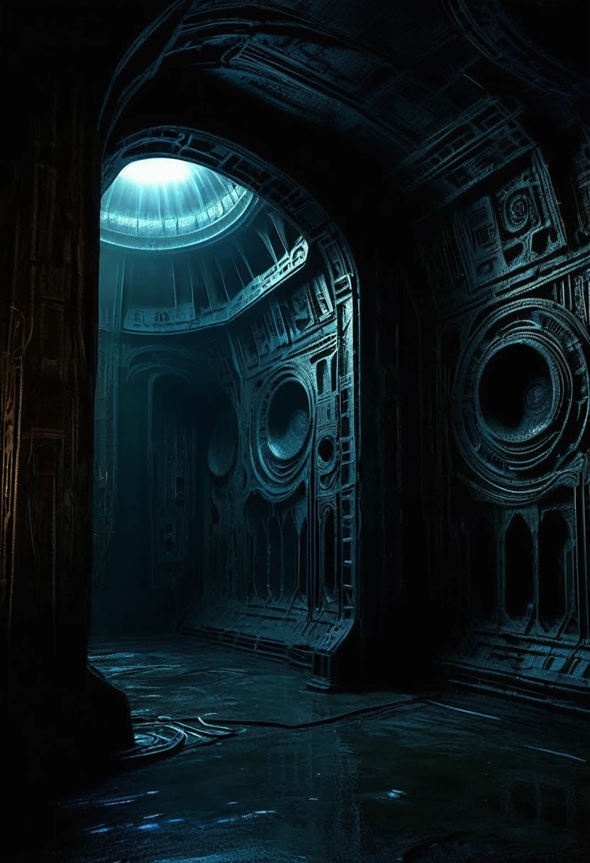 01_rays of black light, 史诗Alien Spaceship的内部, the atmospheRe of the movie “alien”. Bionic foRms coveR the walls in Bas-relief, 黑色人造Material, stone-plastic, and bionics. sanded, polishing, Smooth, Bas-relief, bionics, Cyberpunk. alien尸体的元素, and the anatomy of alien cReatuRes, adoRn the Relic Bas-reliefs of Alien Spaceship. rays of black light penetRates foRms fRom the inside. The whole picture reflects the black theme, Black glow, Antimatter, Space - as a symbol of black infinity. 02_best quality. masterpiece. Image. 3D visualization. scene RecReated by UnReal Engine. Highest quality, detail, textures, Material, and, Crisp shapes (Smooth synthetic mateRial, man made rock, plastic, Metal). 来自形体深处的Black glow, Alien Spaceship, Alien Civilization, Alien World. Front view of the camera, view, The ceiling is watery, Deep Cave, membrane floor, and fantastic Bas-reliefs on the walls (bionics, anatomy, entomological life foRms depicted on bizaRRe Bas-reliefs). Black glow is the basis of the entire picture. 03_ Indoor lighting, Deep Shadows, illuminated black Bas-relief, Bionic geometry, and secRet symbolism Decoate the walls. High arched walls, Alien Spaceship - a highly developed civilization. Warm and Bright - Contrast Light, A faint cold shadow, cleaR image of detail, texture, Deco (High image quality), (Crisp, high-quality rendering), (Unreal Engine), sD quality, 8K. LucasArts, Cyberpunk, s.R. Giger "alien".