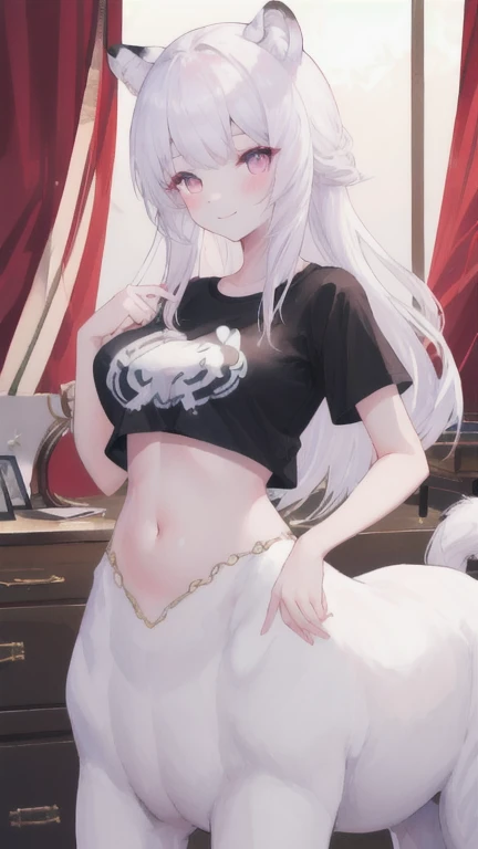 (best quality, masterpiece), 1 girl, centaur, It takes, White skin, Korean , ((23 years old)),black pink,Smiling, exposing the abdomen, belly button t-shirt , 아름다운 소녀 perfect white tiger photo, perfect white tiger photo