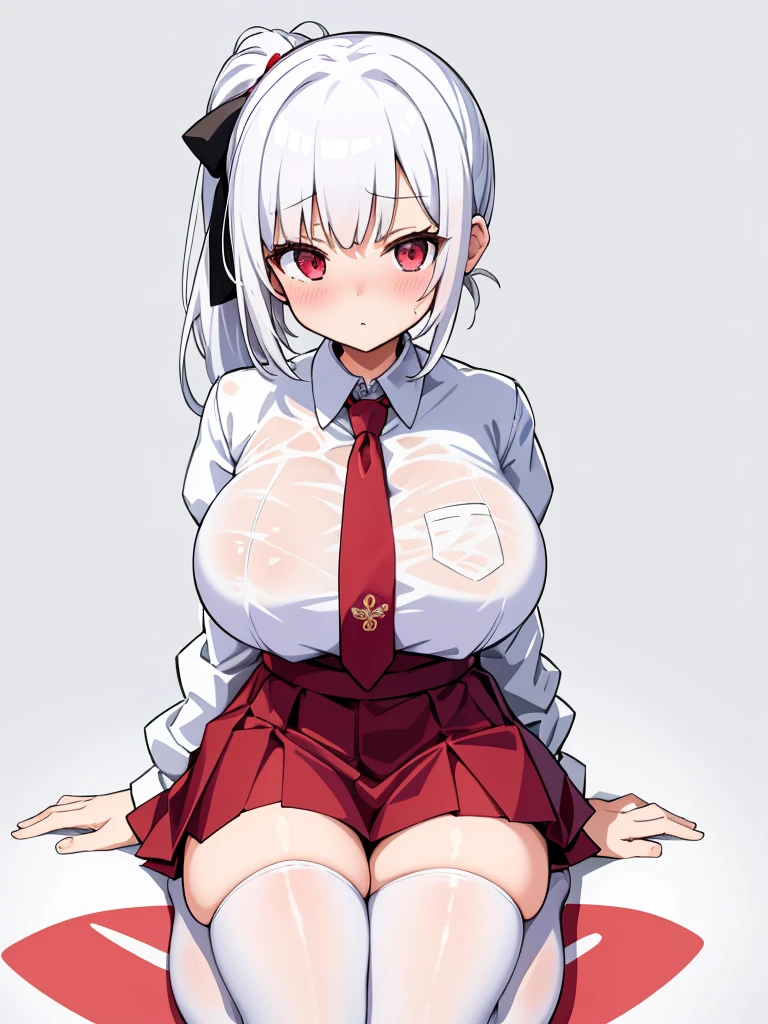 masterpiece, best quality, ultra-detailed, illustration,1girl, white hair, short ponytail hairstyle, White school shirt, Red tie, Red short skirt, blush, big breasts, Big thigh, White stockings, looking at viewer, simple background, solo, very sexy pose sitting on the floor, white background