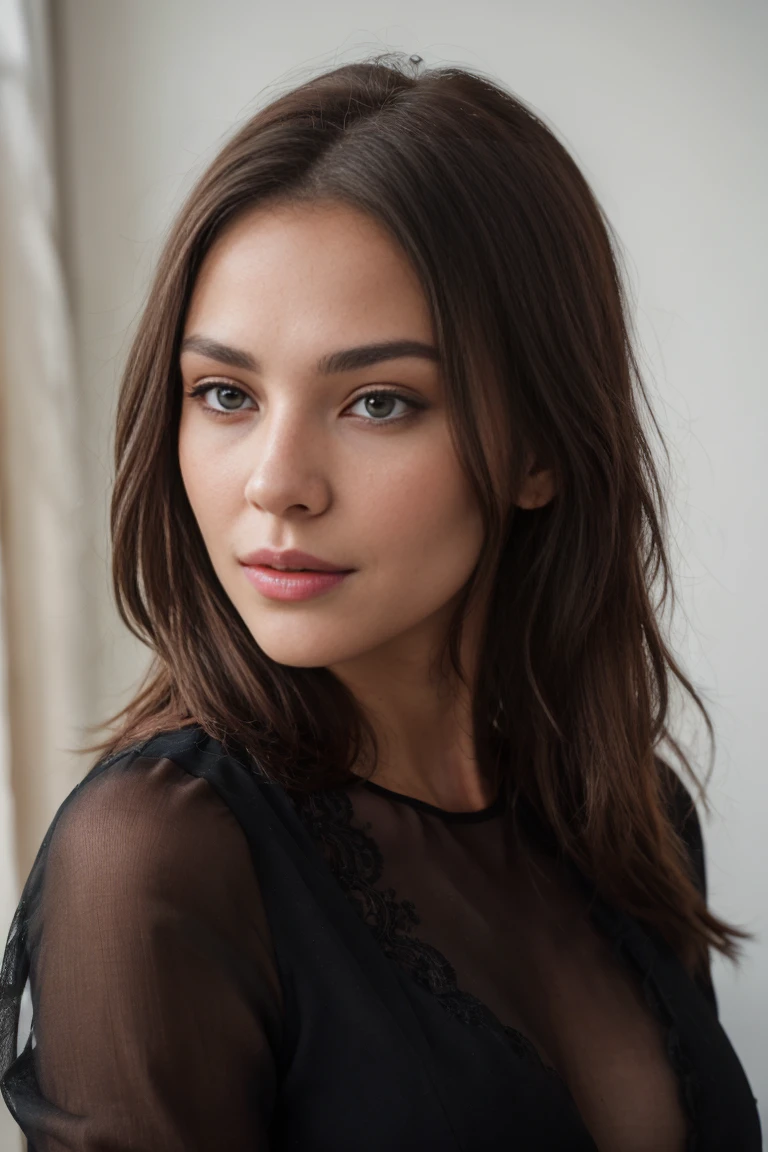 Ultra detailed image, better quality, masterpiece. Young brunette woman aged 25, visage parfait, very pretty, big breast, dressed in a nice classy outfit in black, mise au point net du visage, realism, Grain de film, sony a4riii Objectif 30 mm RAW f1.8 ouverture, very detailed (analog photography, ultra 4k hdr colors