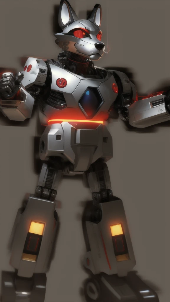 "A Disney-Pixar inspired giant robot with a retro, chrome finish, red accents, and design elements reminiscent of a fox deity. The robot has a gentle and kind face, while its body is strong and powerful. The scene captures the entire body of the robot, highlighting its metallic texture and fox-like features."