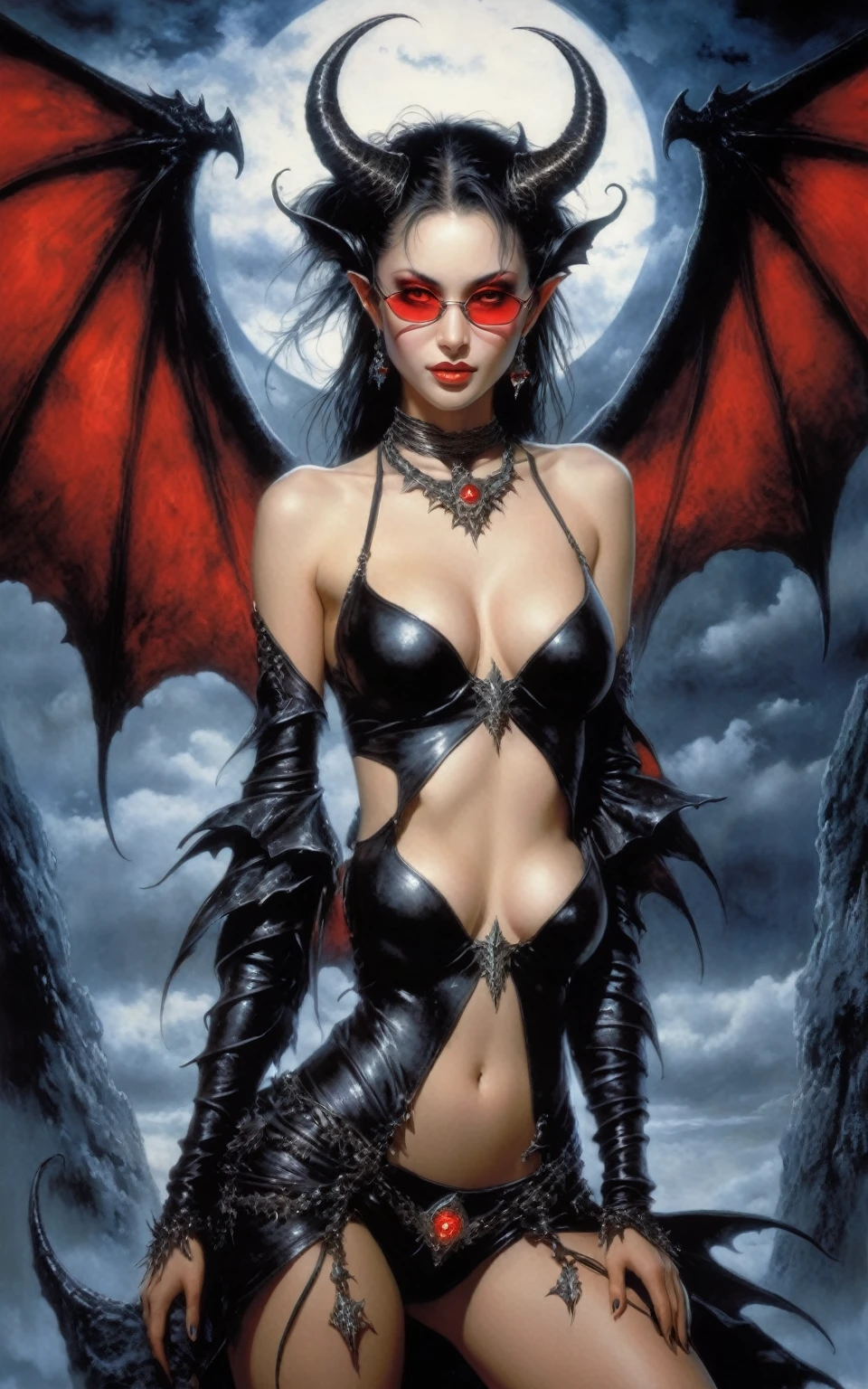 Best illustrations), realistic, ultra-detailed, best lighting, best shadows, seductive succubus, ethereal beauty, perched in the clouds, (Fantasy Illustrations: 1.3), captivating gaze, captivating poses, Delicate wings, charismatic, mysterious sky, (Luis Royo:1.2), (Yoshitaka Amano:1.1), Dungeon and Dragon, cave, dungeon, necromancer, night, dark style, succubus, demonic, Bat Wings, (((Demon Hornlack Round Glasses)))), (Red Eye Glow: 1.6), Beautiful Face, Tyndall Effect, (High Detailed Skins: 1.2) Ridiculous, Ponytail Transformation, Jewelry, Beautiful expression, toned waist, wide hips, Tyndall effect masuter piece, top quality, highest standards, top image quality, tabletop, intricate details, high resolution, depth of field, natural soft light, professional lighting, brilliant Smile, (high detail skin: 1.2), nipple oil)), 8k resolution, complex costumes, intricate details
information