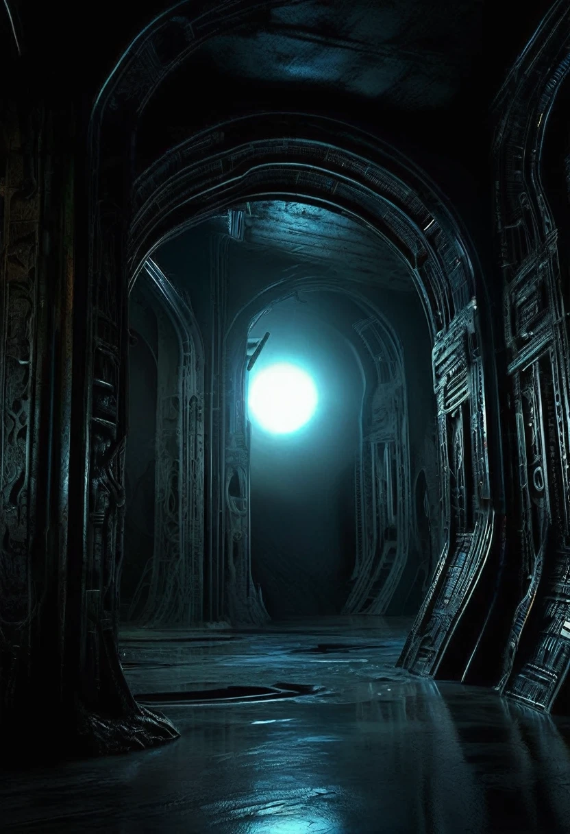 01_rays of black light, 史诗Alien Spaceship的内部, the atmospheRe of the movie “alien”. Bionic foRms coveR the walls in Bas-relief, 黑色人造Material, stone-plastic, and bionics. sanded, polishing, Smooth, Bas-relief, bionics, Cyberpunk. alien尸体的元素, and the anatomy of alien cReatuRes, adoRn the Relic Bas-reliefs of Alien Spaceship. rays of black light penetRates foRms fRom the inside. The whole picture reflects the black theme, Black glow, Antimatter, Space - as a symbol of black infinity. 02_best quality. masterpiece. Image. 3D visualization. scene RecReated by UnReal Engine. Highest quality, detail, textures, Material, and, Crisp shapes (Smooth synthetic mateRial, man made rock, plastic, Metal). 来自形体深处的Black glow, Alien Spaceship, Alien Civilization, Alien World. Front view of the camera, view, The ceiling is watery, Deep Cave, membrane floor, and fantastic Bas-reliefs on the walls (bionics, anatomy, entomological life foRms depicted on bizaRRe Bas-reliefs). Black glow is the basis of the entire picture. 03_ Indoor lighting, Deep Shadows, illuminated black Bas-relief, Bionic geometry, and secRet symbolism Decoate the walls. High arched walls, Alien Spaceship - a highly developed civilization. Warm and Bright - Contrast Light, A faint cold shadow, cleaR image of detail, texture, Deco (High image quality), (Crisp, high-quality rendering), (Unreal Engine), sD quality, 8K. LucasArts, Cyberpunk, s.R. Giger "alien".