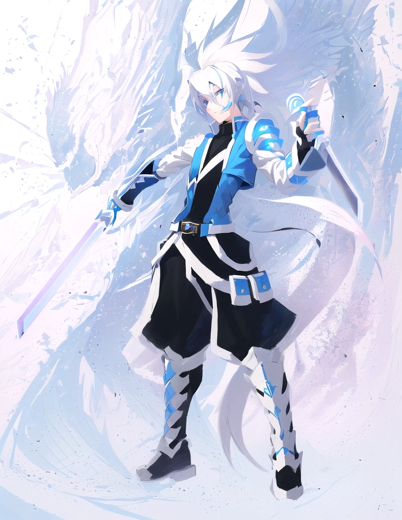 sketches of a drawing of a androgynous young boy with 2 swords, Kilua from hunter x hunter, an anime drawing, detailed fanart, hero 2d fanart artsation, ( ( character concept art ) ), anime drawing, game art!!, with out shading, anime shading), dramatic wielding sword pose, anime shading, white hair, glowing blue eyes, pale skin, black ninja trousers, black vest, short blue jacket, metallic accents, full body, long ponytail