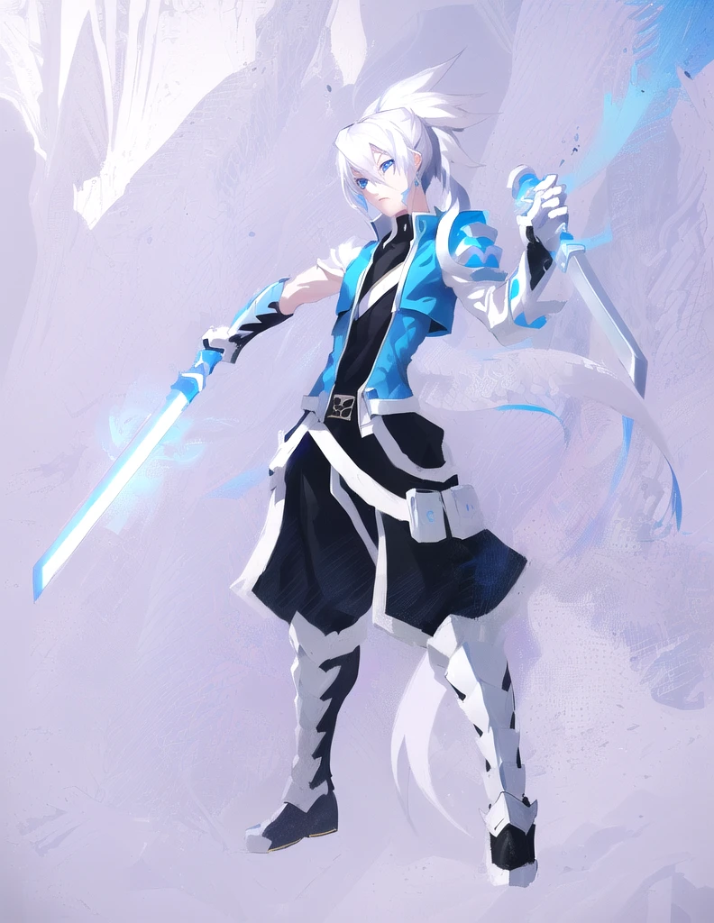 sketches of a drawing of a androgynous young boy with 2 swords, Kilua from hunter x hunter, an anime drawing, detailed fanart, hero 2d fanart artsation, ( ( character concept art ) ), anime drawing, game art!!, with out shading, anime shading), dramatic wielding sword pose, anime shading, white hair, glowing blue eyes, pale skin, black ninja trousers, black vest, short blue jacket, metallic accents, full body, long ponytail
