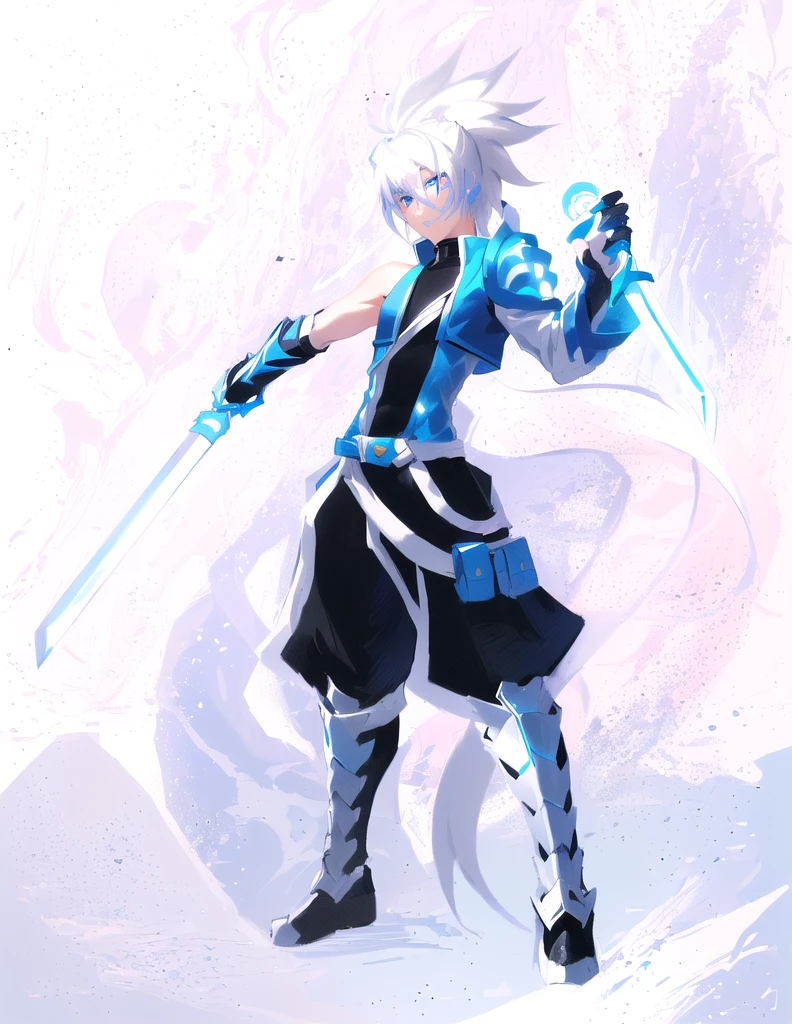 sketches of a drawing of a androgynous young boy with 2 swords, Kilua from hunter x hunter, an anime drawing, detailed fanart, hero 2d fanart artsation, ( ( character concept art ) ), anime drawing, game art!!, with out shading, anime shading), dramatic wielding sword pose, anime shading, white hair, glowing blue eyes, pale skin, black ninja trousers, black vest, short blue jacket, metallic accents, full body, long ponytail