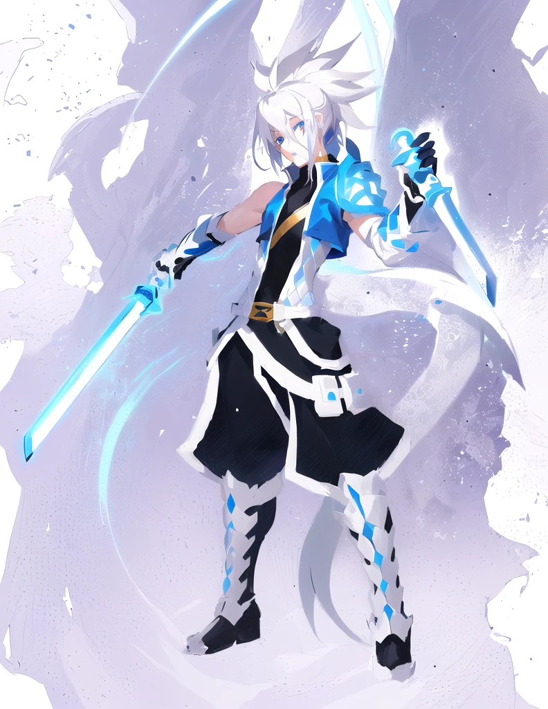 sketches of a drawing of a androgynous young boy with 2 swords, Kilua from hunter x hunter, an anime drawing, detailed fanart, hero 2d fanart artsation, ( ( character concept art ) ), anime drawing, game art!!, with out shading, anime shading), dramatic wielding sword pose, anime shading, white hair, glowing blue eyes, pale skin, black ninja trousers, black vest, short blue jacket, metallic accents, full body, long ponytail